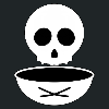 Black and white logo of a skull over a bowl.